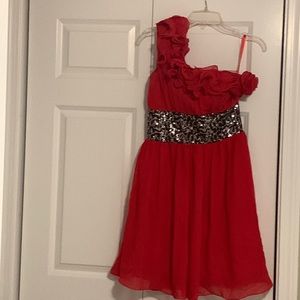 Size 4 one shoulder, knee length dress with a black&silver sequin waistline seam